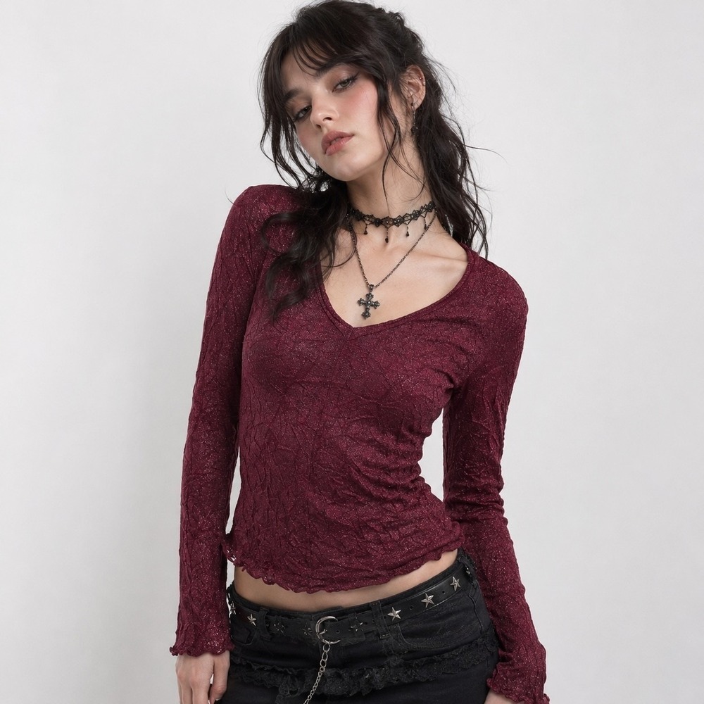 Y2K Whimsigoth Burgundy Shimmer Crinkle Top S Metallic Fairy Grunge V-Neck Layer